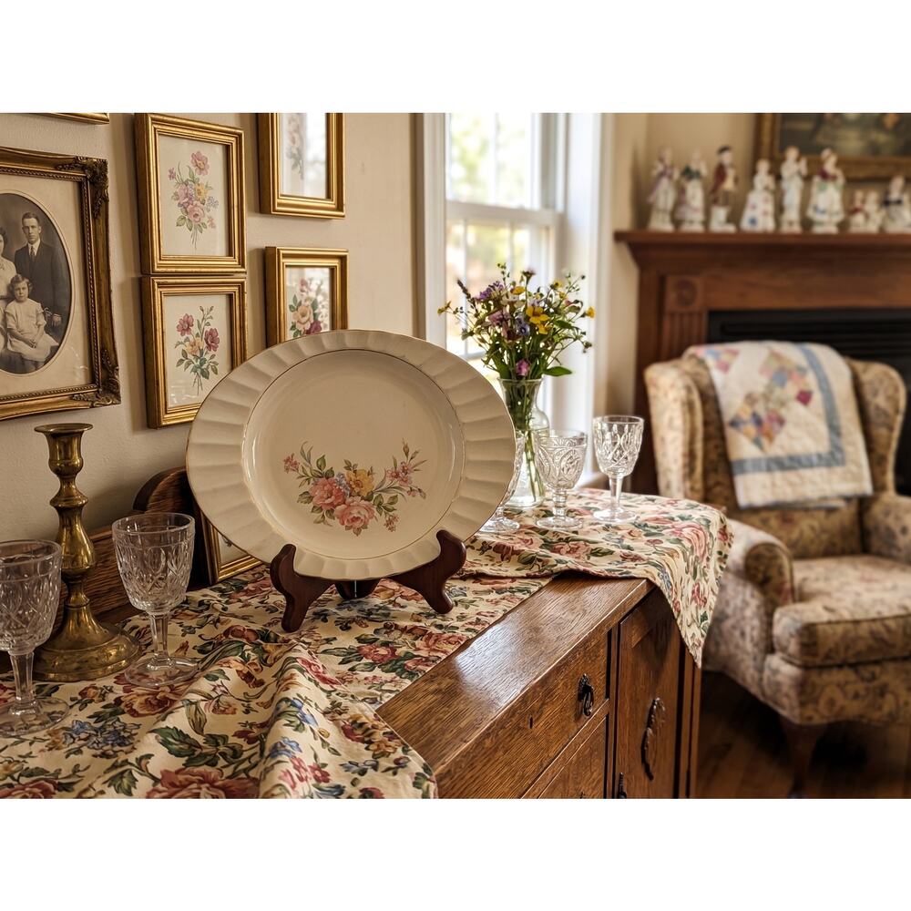 Vintage Fluted Ironstone Platter | Pink Rose Floral Serving Oval Dish